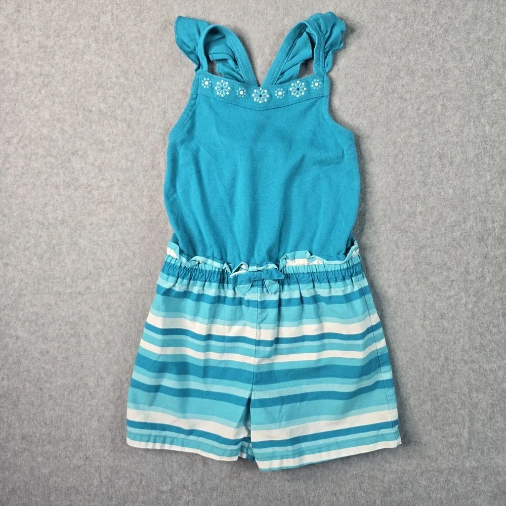 Gymboree‎ Romper Girls 6 Blue Striped Floral Ruffle Summer Coastal Beach